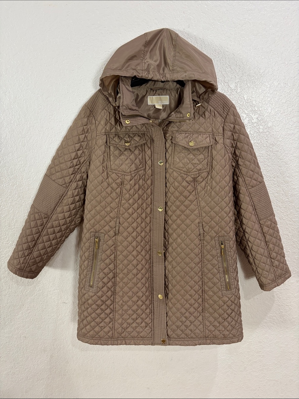 Michael Kors, Size 1X,Quilted Hooded Women's Coat in Taupe
